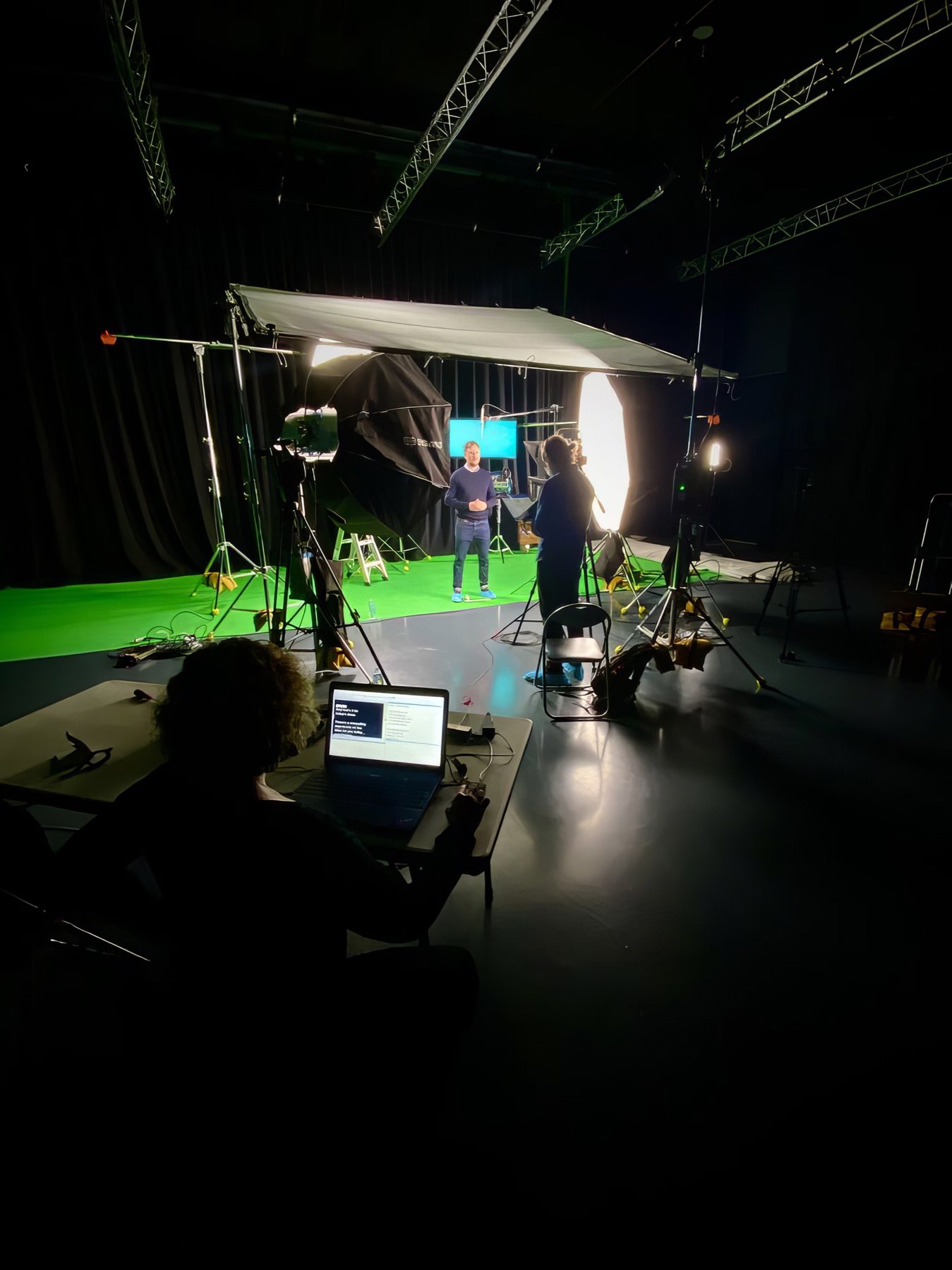 Large studio production using extensive lighting, grip, camera and monitoring equipment