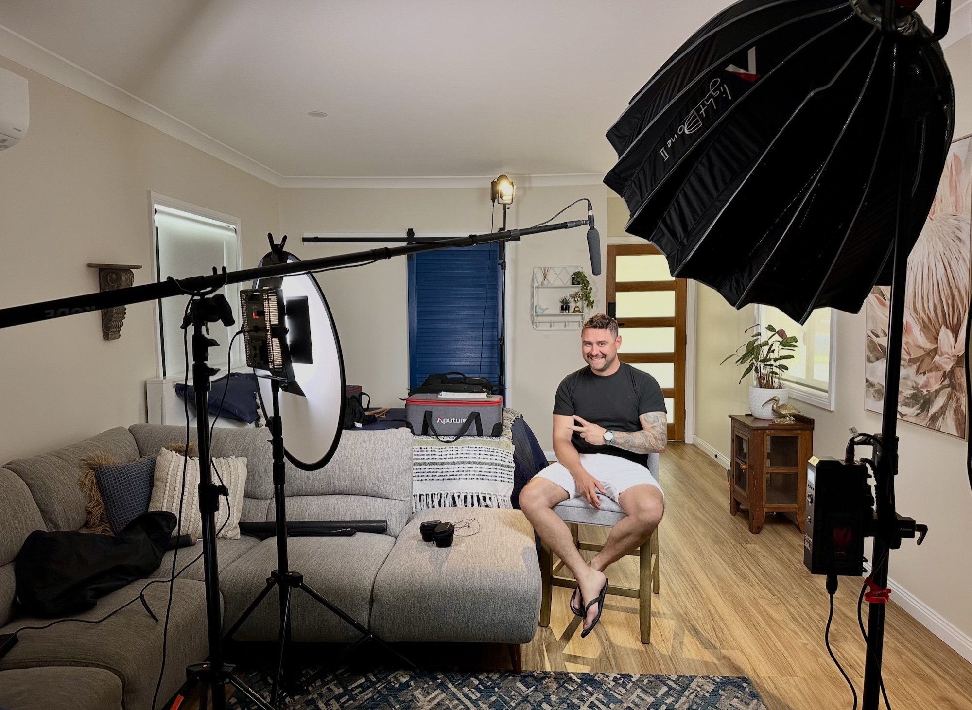 Camera, lighting and sound setup for an ITV contributor interview in New South Wales