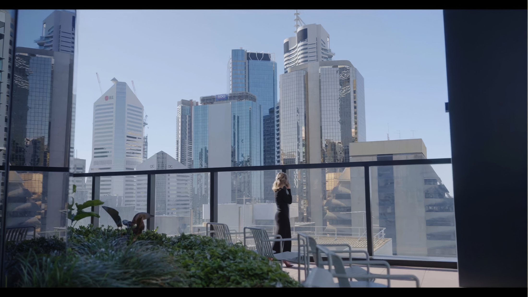 Finished frame overlooking the Brisbane skyline from a corporate production for Ivory Worldwide